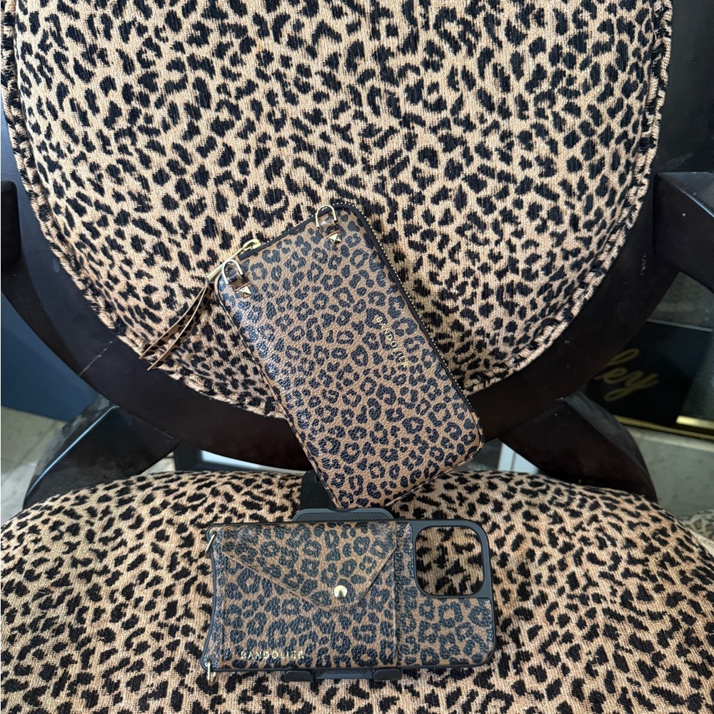 Bandolier Leopard Pouch & iPhone 13 Pro Max Case Gold Strap
